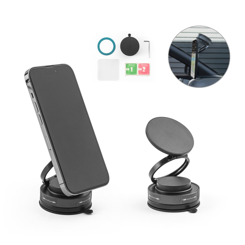 97218_set.jpg KEPLER. Suport magnetic pentru telefon mobil cu sistem de fixare prin vid pentru suprafețe netede și neuniforme. (rotație 360º) - imagine 1